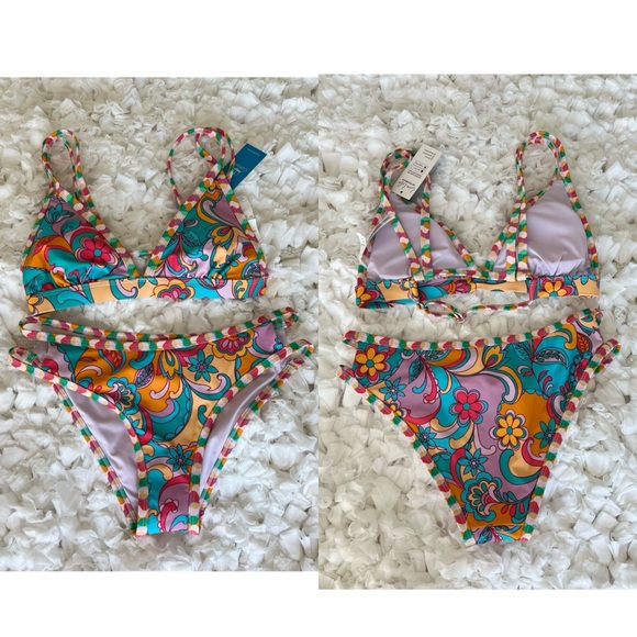 NWT Boho Wavy Striped Strappy V-Neck Top & Cutout Bikini Set SIZE SMALL - Picture 17 of 17